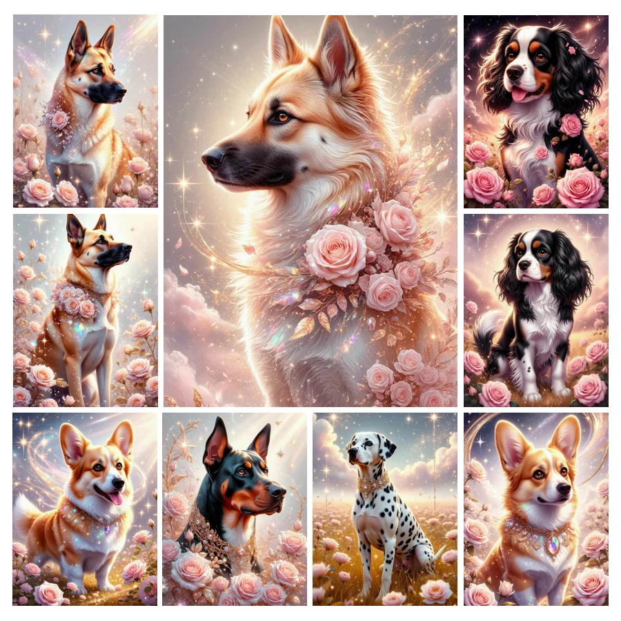Embroidery Rose - Schattige Hond en Bloem Diamant Schilderij